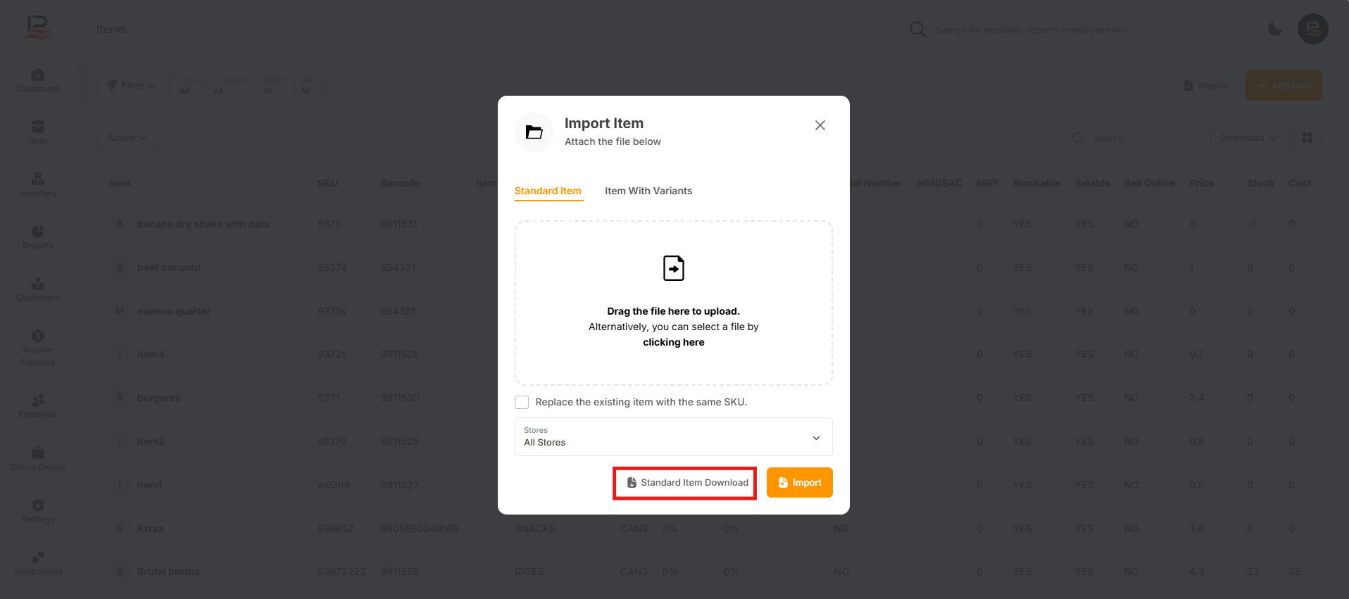 import item popup